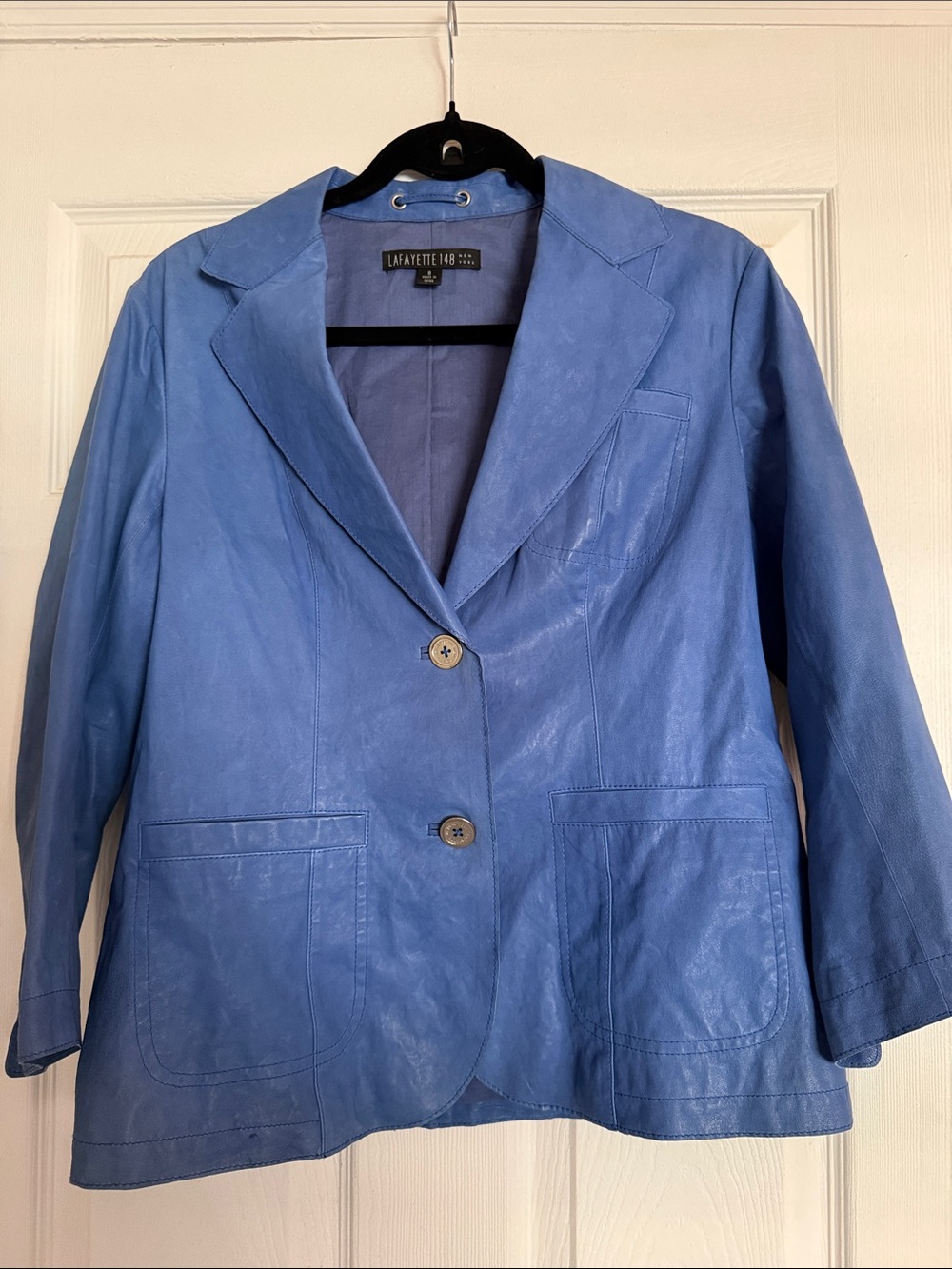 Lafayette 148 New York Periwinkle Blue 100% Leather Blazer Size 8